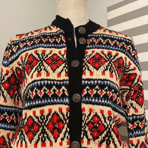 Navy Blue with Red & White Knitted Vintage 1980's Nordic Cardigan Sweater - Picture 2 of 12